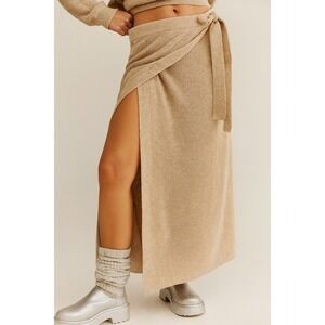 FP Beach Knit Wrap Maxi Skirt Beige‎ Tie Waist Slit Casual Resort